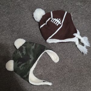 Set Of Brown Football and Camouflage Bear Ear Beanie Hats  0-6 Months